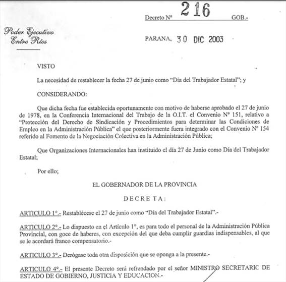 El decreto provincial por el Día del Empleado Público provincial.